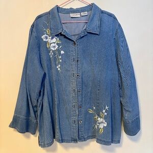 Jaclyn Smith Long Sleeve Button Down Embroidered Collared Denim Shirt Blue 2X